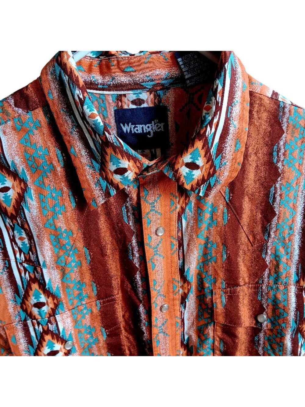 Large Vintage Wrangler Mens Western Cowboy Sleeve Aztec Snap Orange Turquoise